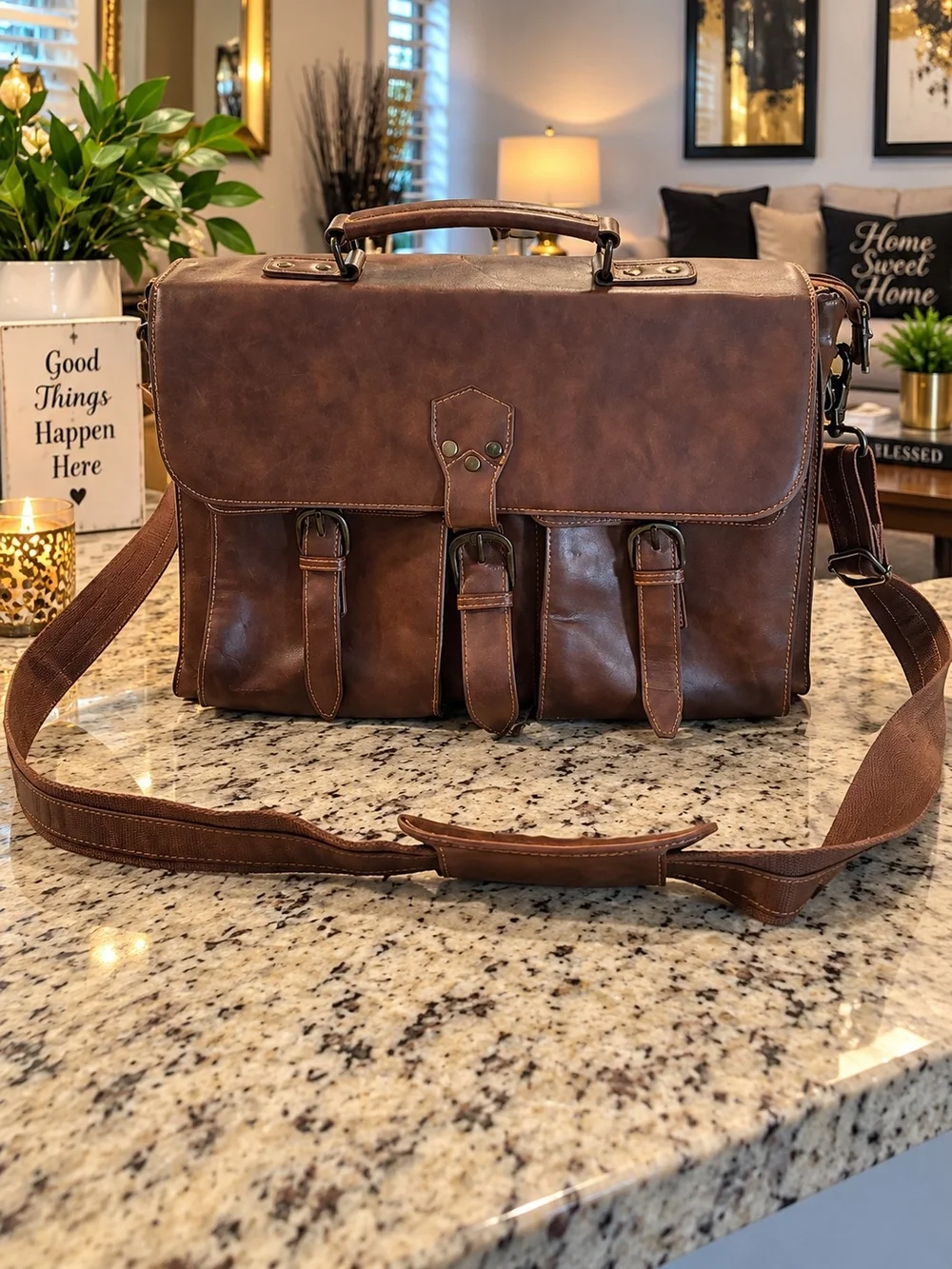 Large Size Classic Brown Leather Messenger Bag - Men's Briefcase